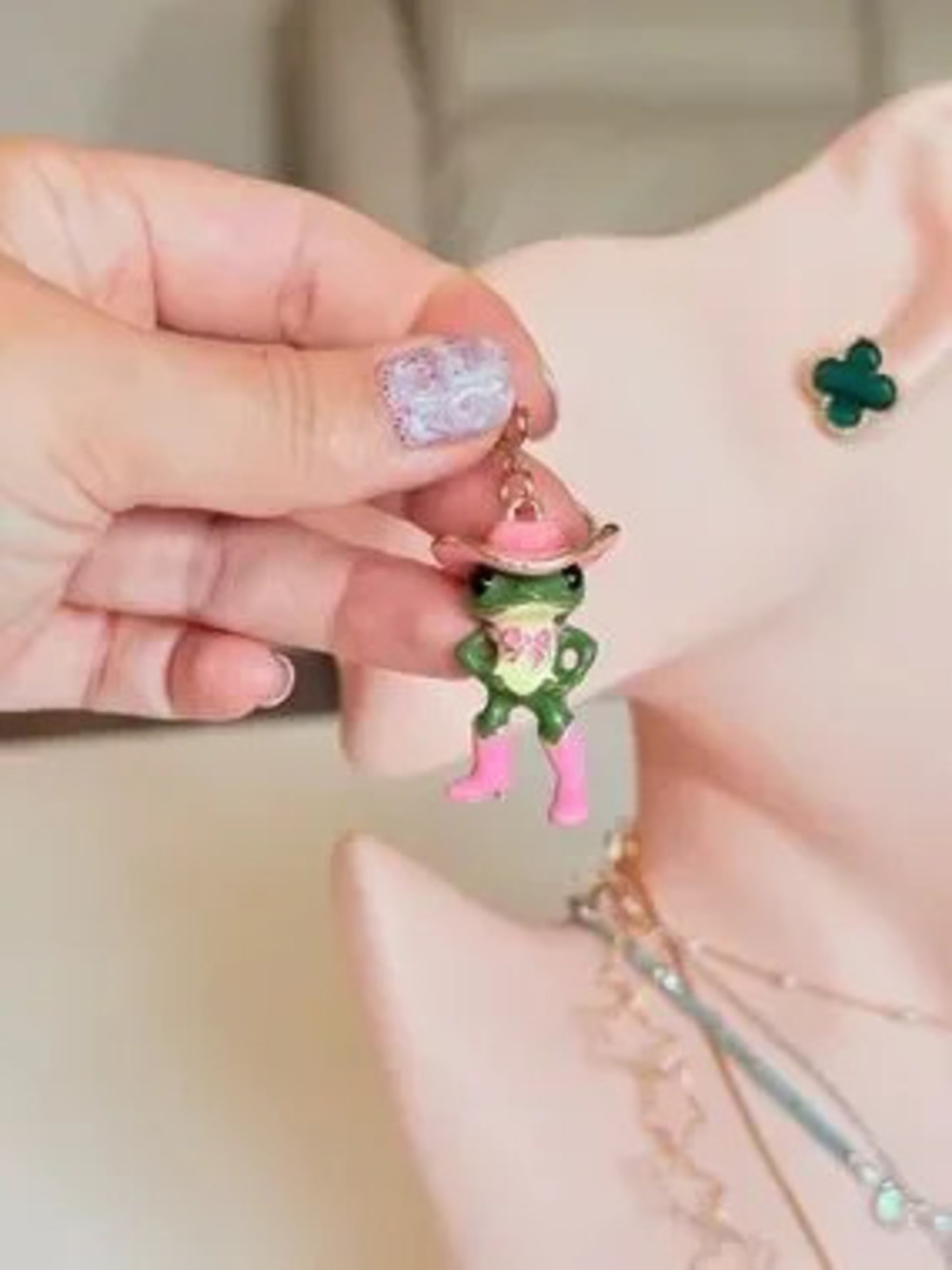 Pink & Green Frog Cowgirl Charm